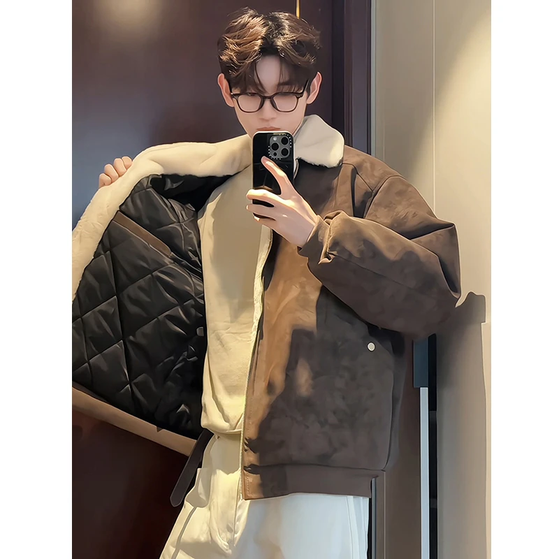 美拉德棕色雾面pu皮衣外套男冬季加厚羊羔绒棉服翻领短款保暖棉衣