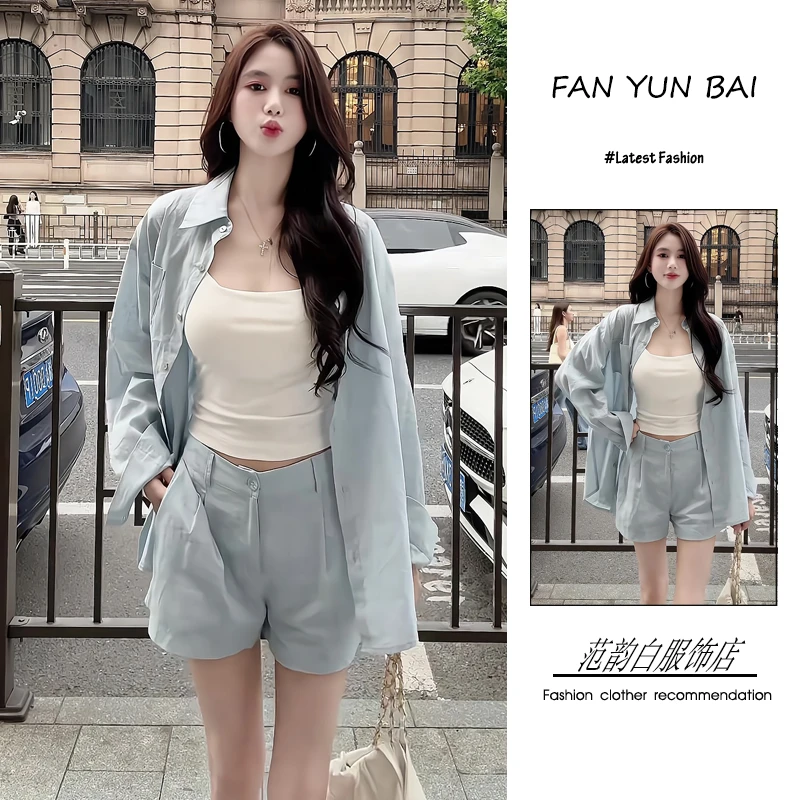 夏季2025新款一整套女韩系穿搭氛围感气质显瘦衬衫吊带短裤三件套