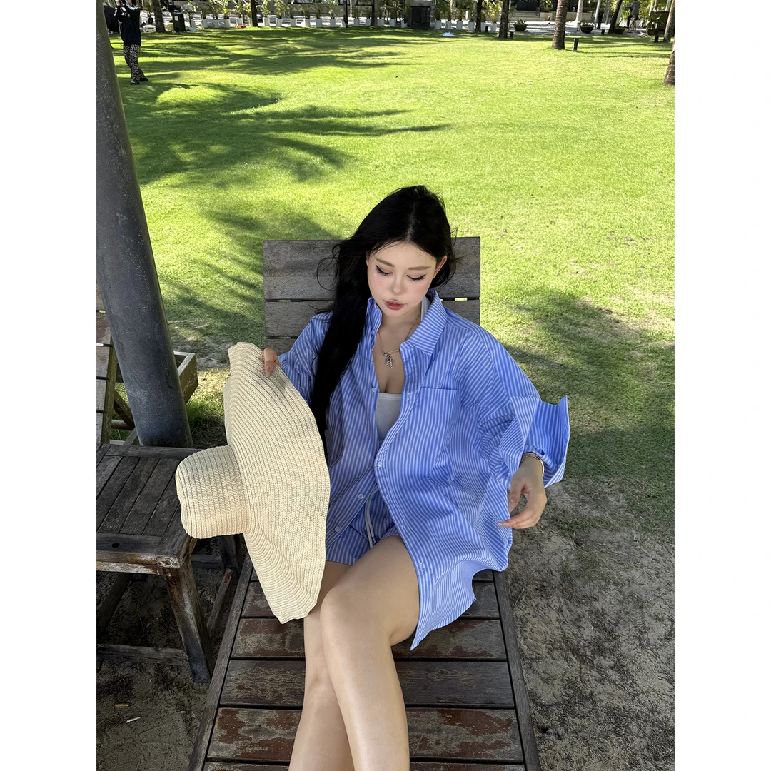 黑泽玄七“夏威夷套装”夏季显瘦松弛感条纹宽松遮肉凉感衬衫短裤女