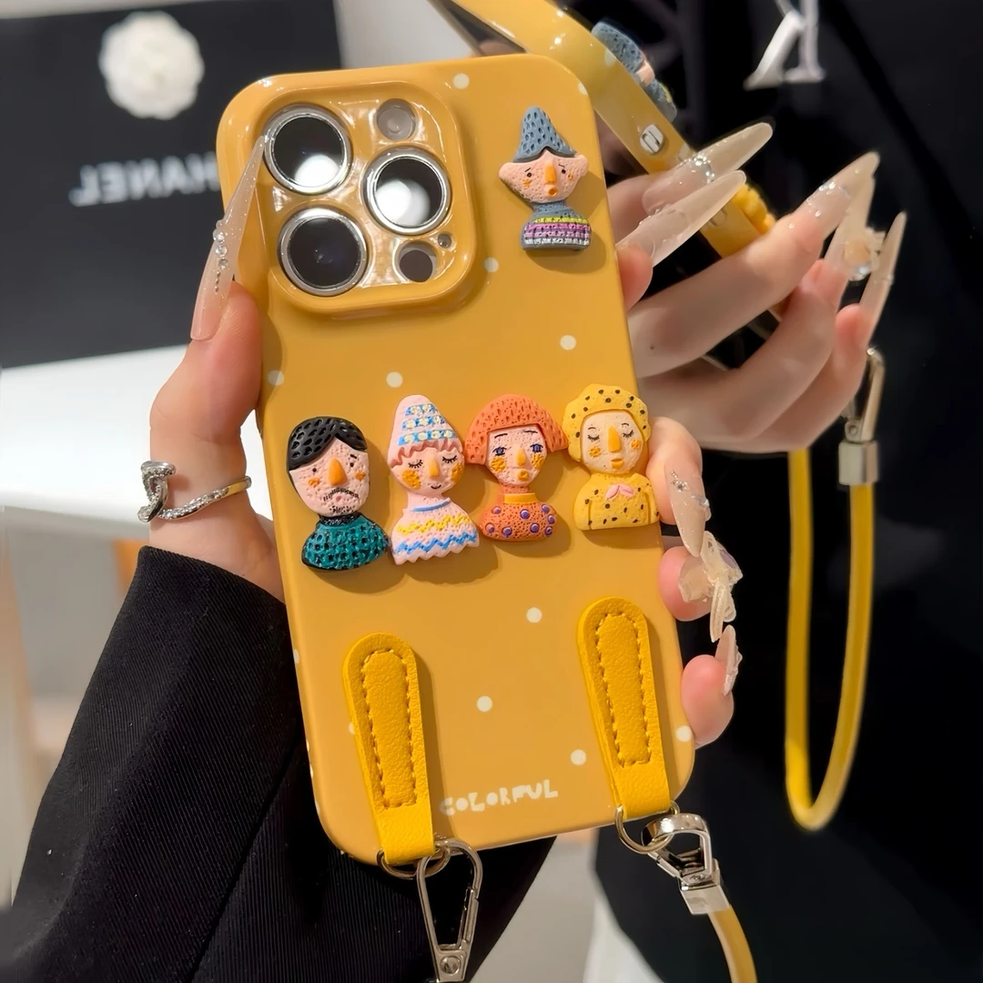 立体人偶贴件适用苹果16promax皮绳手机壳华为p70oppo小米14vivo