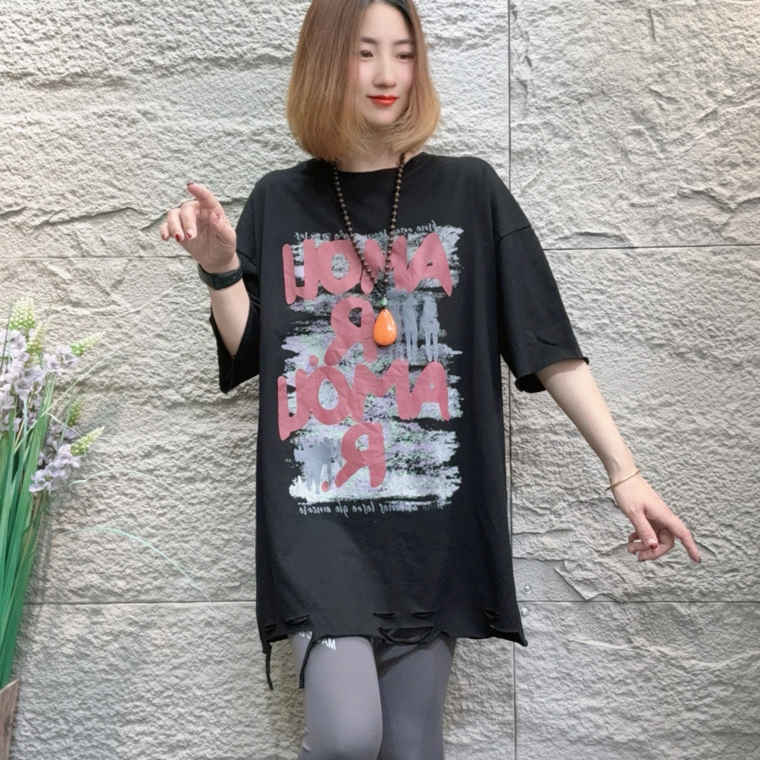 YXR2278夏季黑色新款短袖ol宽松百搭印花破洞宽松休闲T恤圆领