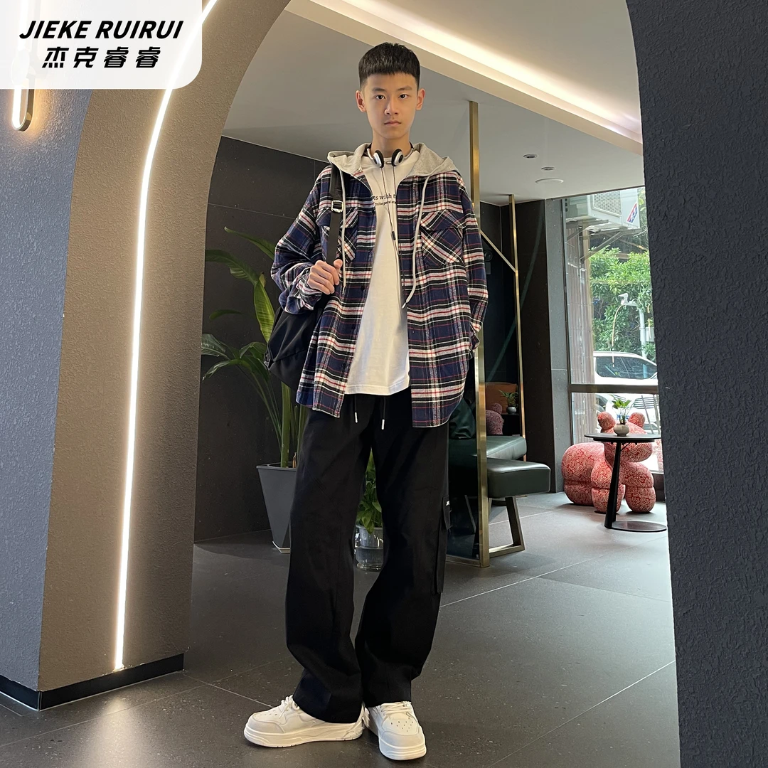 5074【睿】春季休闲衬衫外套连帽口袋潮流中大童外套外套杰克睿睿