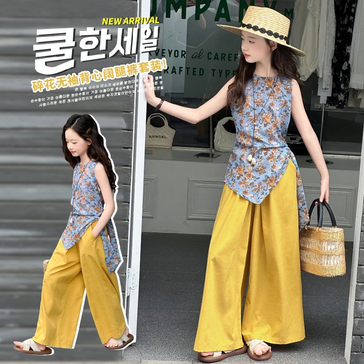 女童夏季不规则碎花套装2025新款韩版设计感潮流无袖阔腿裤两件套