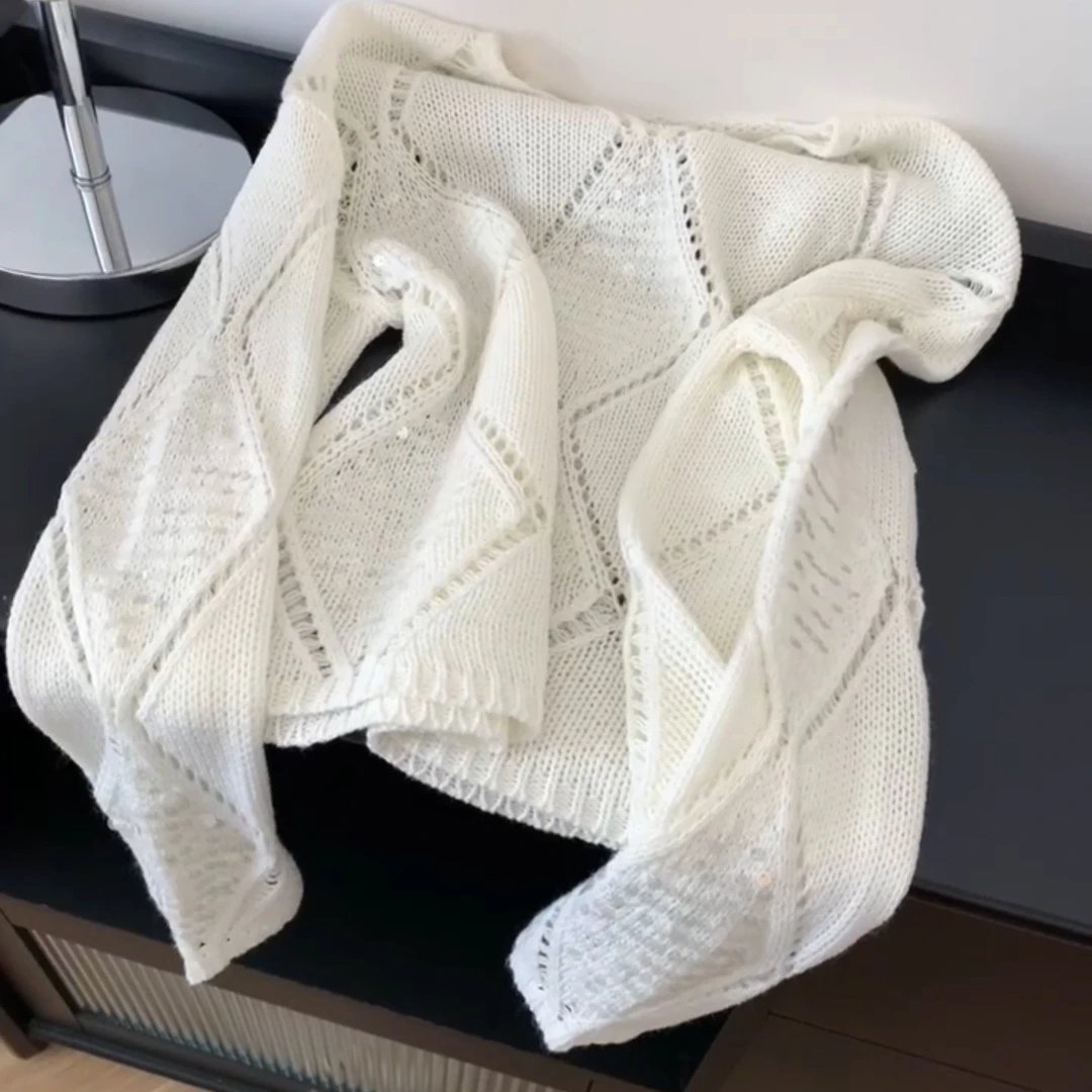 2025秋季新款慵懒风镂空套头针织衫宽松显瘦棱形防晒圆领薄款毛衣