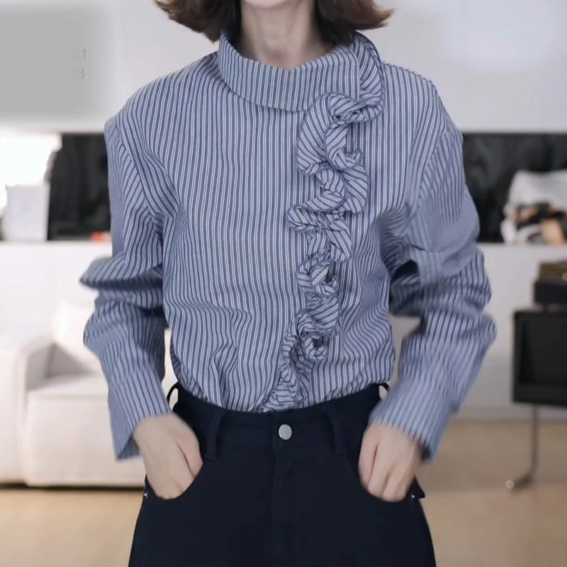 木耳花边衬衫法式不规则条纹高领韩系ins衬衣LK2507077