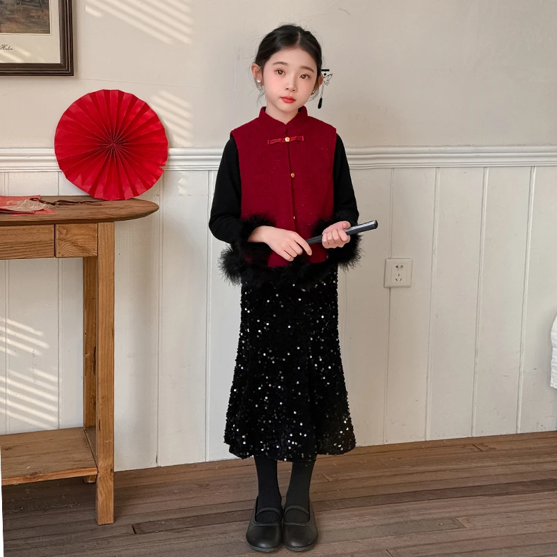 汉服女童拜年服冬装2024新款儿童套装裙洋气中式国风三件套连衣裙