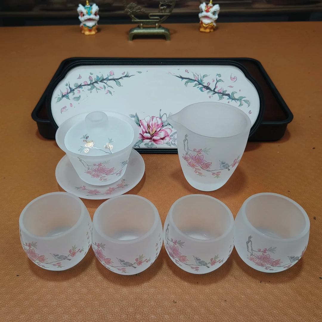 Q 喜上眉梢 琉璃 盖碗+公杯+4杯+盘 0425