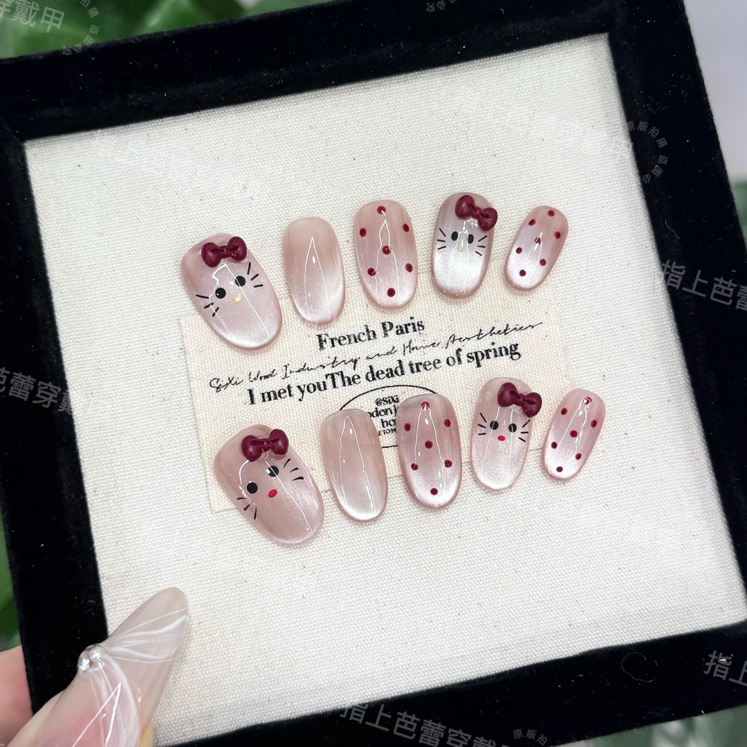 【Kitty猫】新款中长款美甲纯手工穿戴甲酒蝴蝶结猫眼指甲贴片