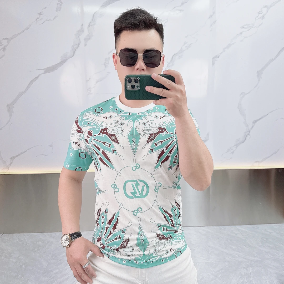 2025夏季新款欧货潮牌印花徽章帅气圆领短袖修身半袖休闲T恤男潮