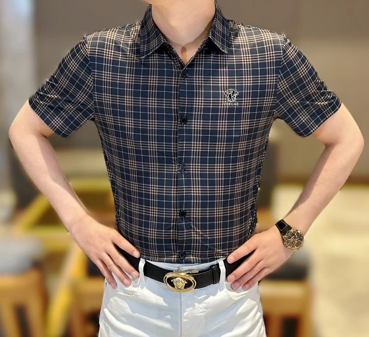 2025男士夏季新款时尚休闲薄款修身百搭格纹印花衬衫领短袖T恤