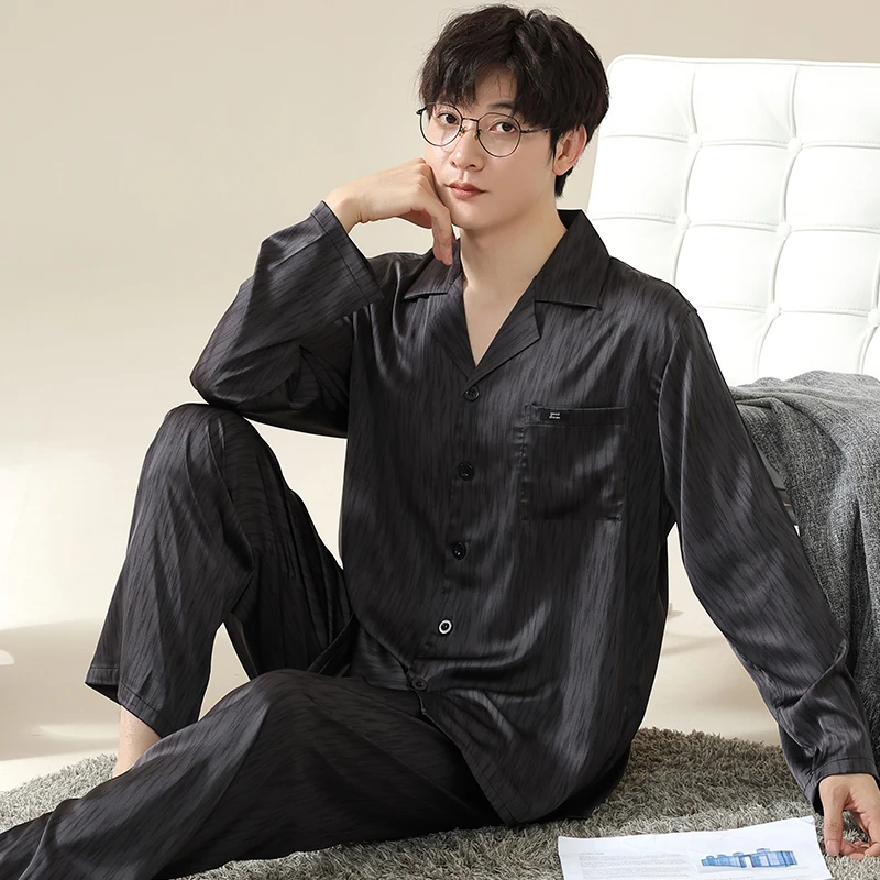 YIHAN-秋季新款冰雪丝睡衣男丝滑长袖时尚亲肤透气七夕送礼家居服