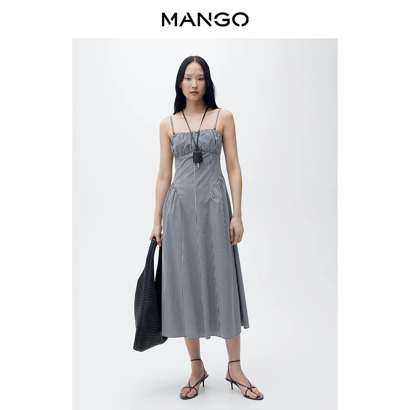 MANGO女装连衣裙2025夏装新款棉质复古格纹收腰吊带连衣裙