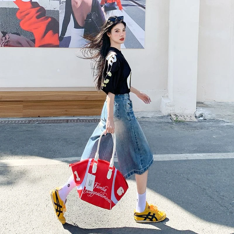 复古闪电纹七分牛仔短裤女2025夏季新款高腰宽松阔腿显瘦直筒中裤