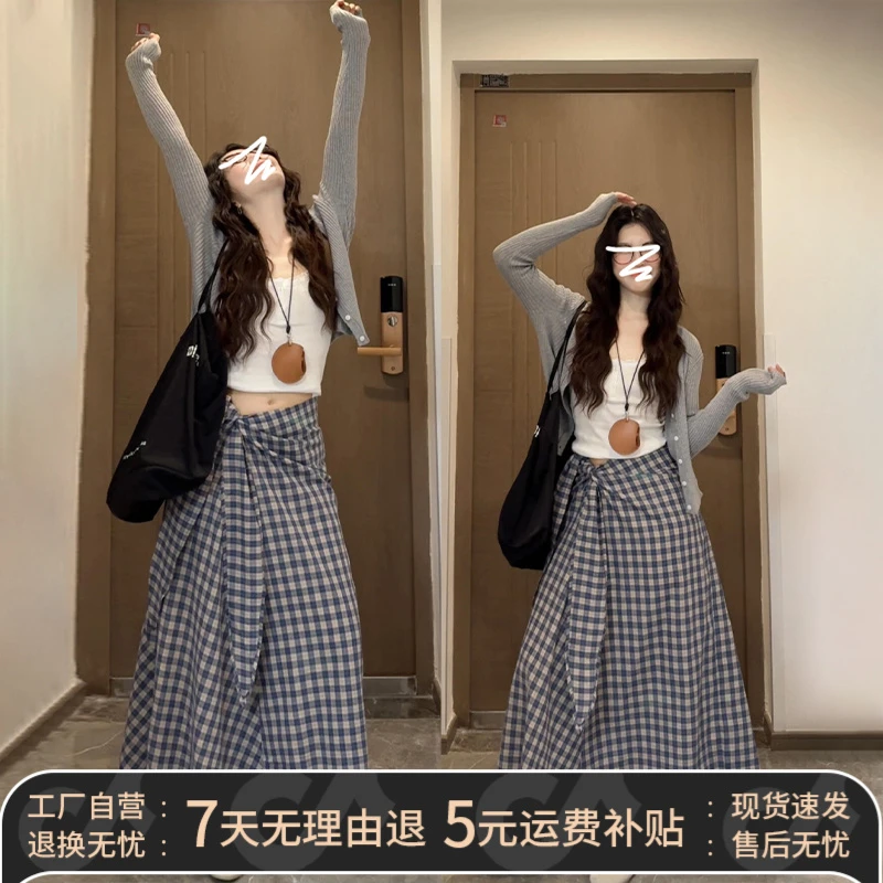 2025新款韩系开春气质穿搭一整套装高级感格子连衣裙子女春高级感