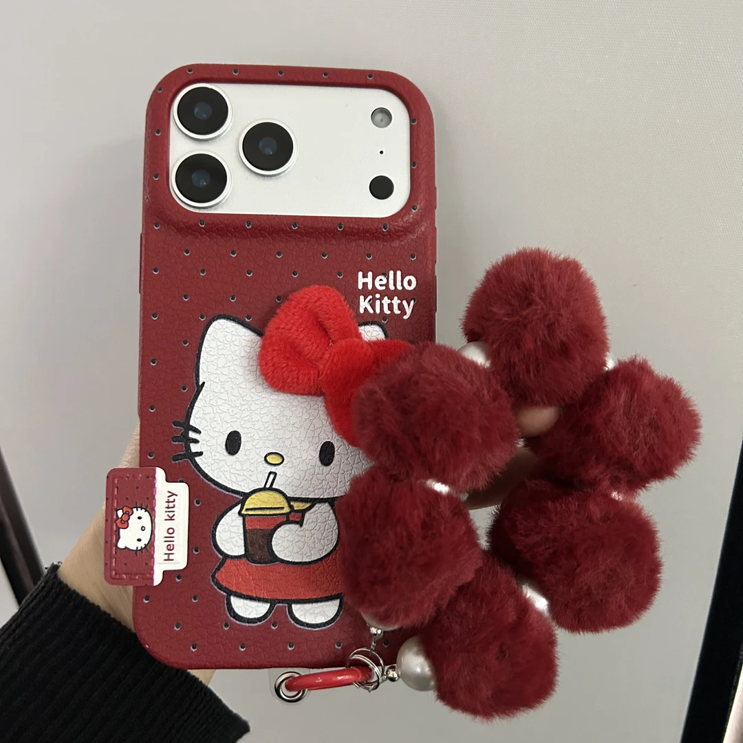 酒红色KT猫蝴蝶结毛球手链手机壳适用苹果华为oppo小米vivo软