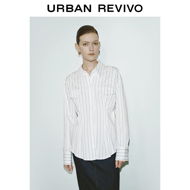 UR2025春季新款女欧若风撞色条纹翻盖假口袋开襟衬衫UWM250015