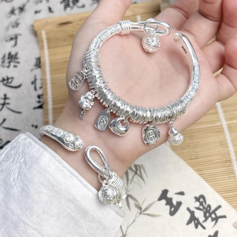 足银手镯 纯银999.9吉言盘缠银手镯女宫铃开口猫爪镯子情人节礼物