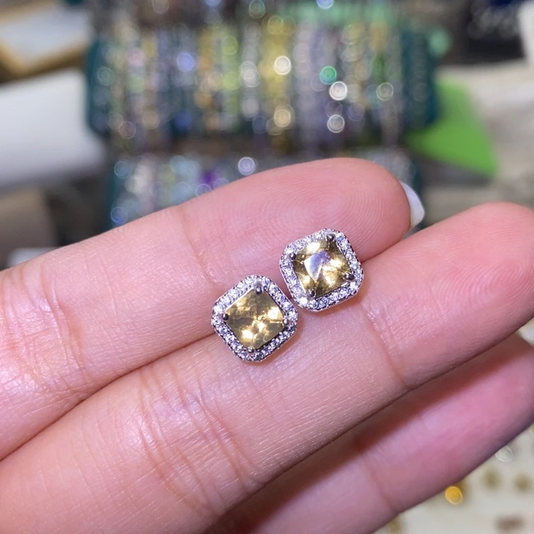 黄晶耳饰银S925镶嵌