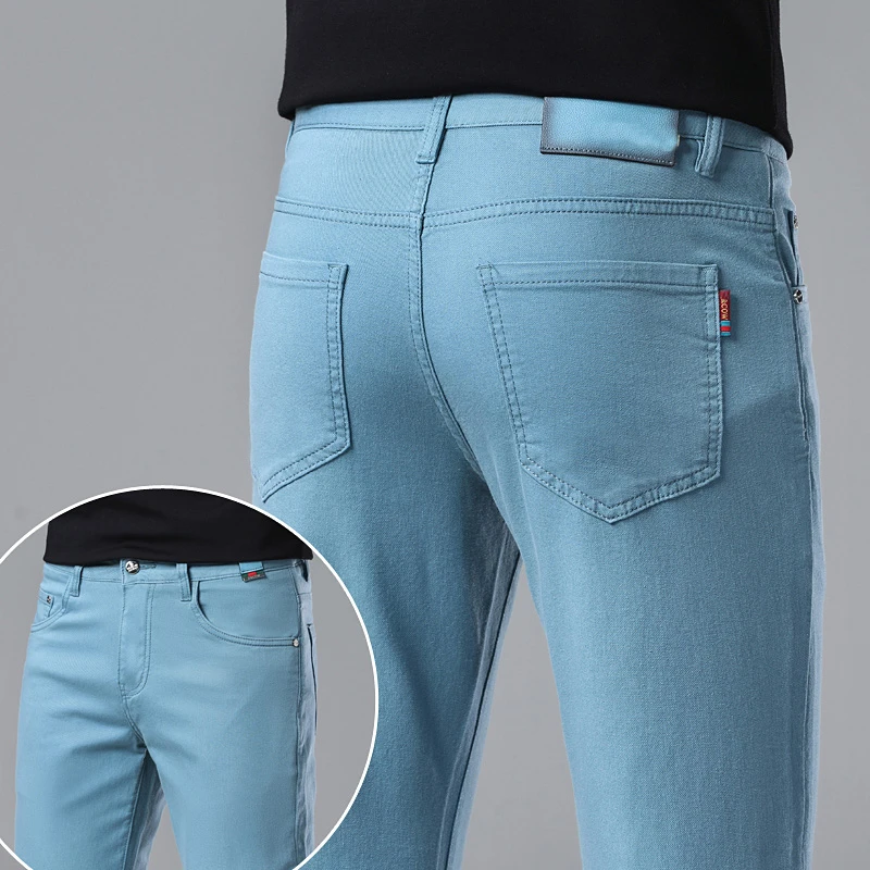尾货清仓 春秋季新款翡翠蓝潮牌修身小脚休闲牛仔男潮流长裤弹力