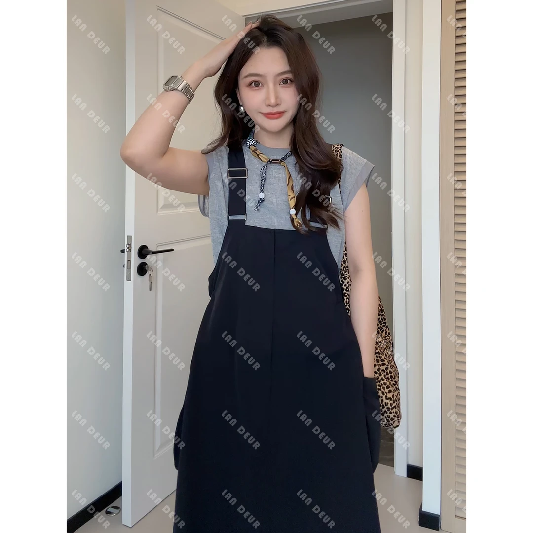 【卡门玫瑰】气质极简风显瘦时尚休闲百搭夏季黑色宽松背带长裙子女