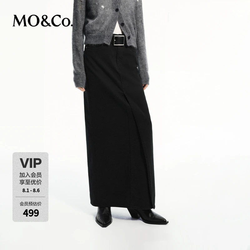 MOCO秋交叠开叉高腰直筒长款棉质牛仔半身裙MBD3SKT009