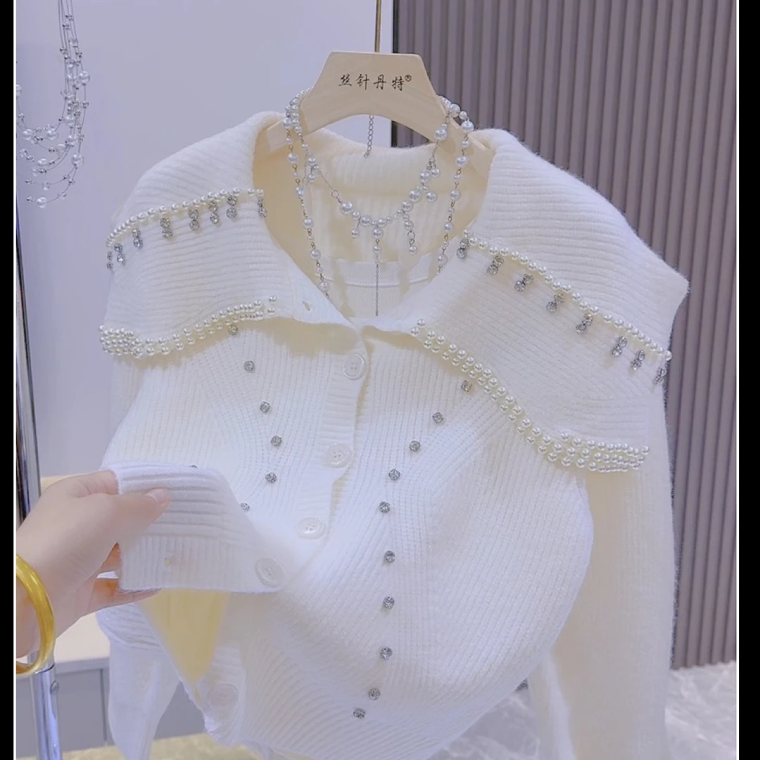 高级感毛衣穿搭新款重工翻领纽扣开衫气质针织衫女