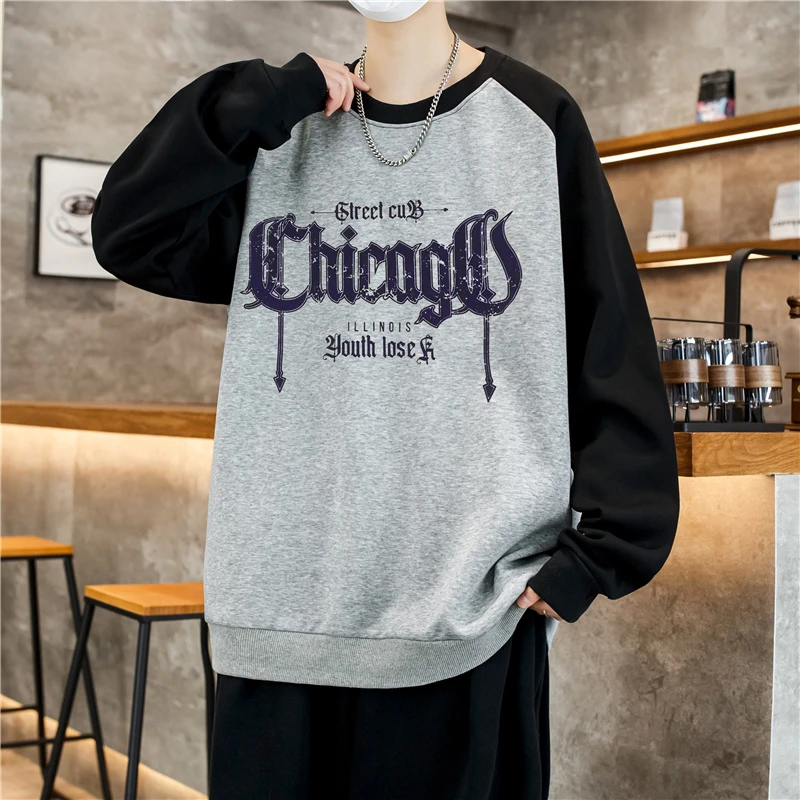 春秋季宽松潮流男士长袖拼接卫衣 青年时尚圆领韩版