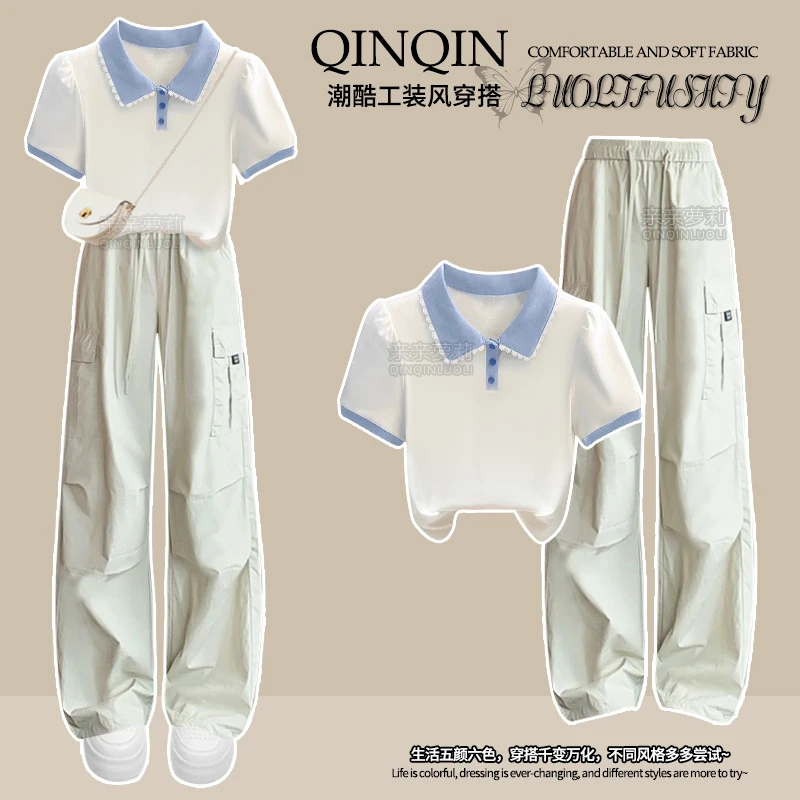 女童夏季工装裤户外套装2025新款初中生短袖T恤青少年夏装阔腿裤