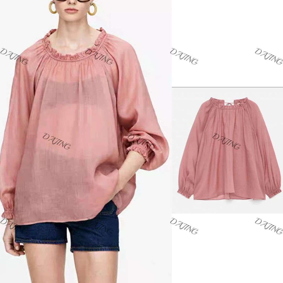 DAJING苎麻夏季简约宽松泡泡袖罩衫式上衣夏季新款袖套头防晒衬衫