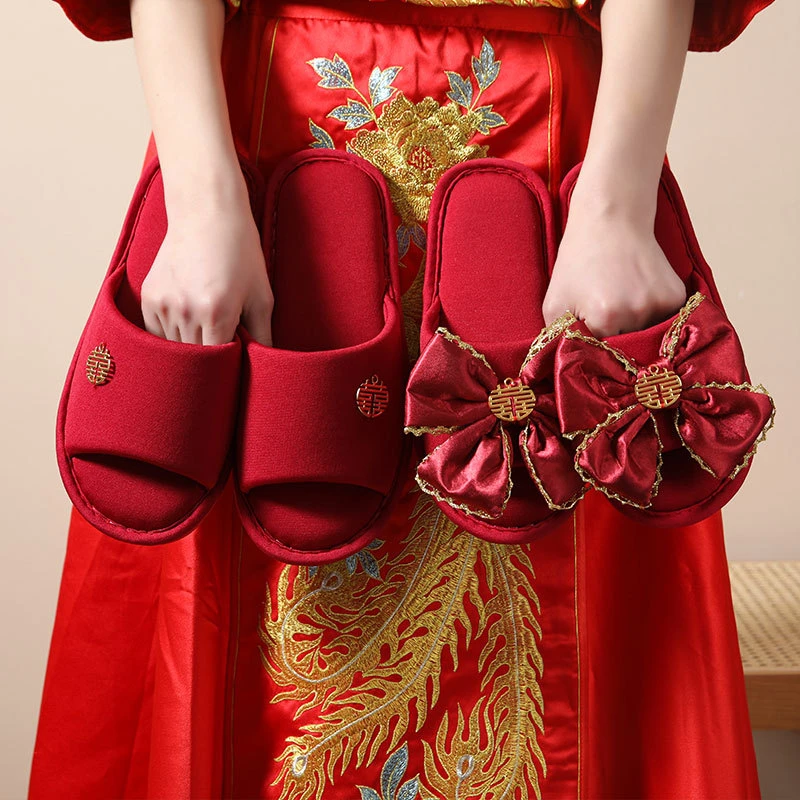 结婚拖鞋红色喜庆新婚棉拖鞋四季款家居鞋秋冬婚礼居家鞋陪嫁婚鞋