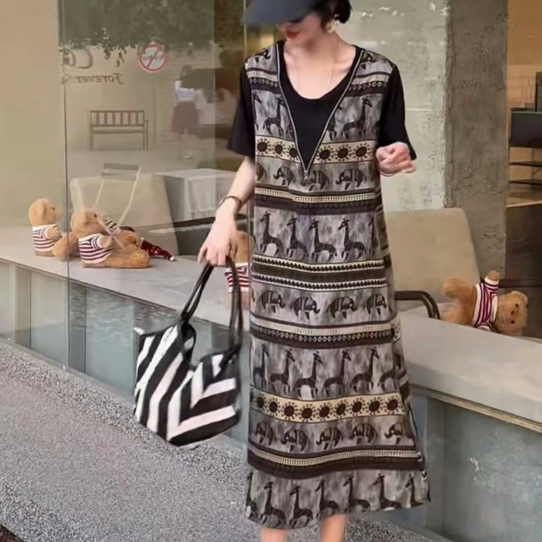 2025夏新款假两件拼接宽松慵懒风显瘦大码女装气质长裙