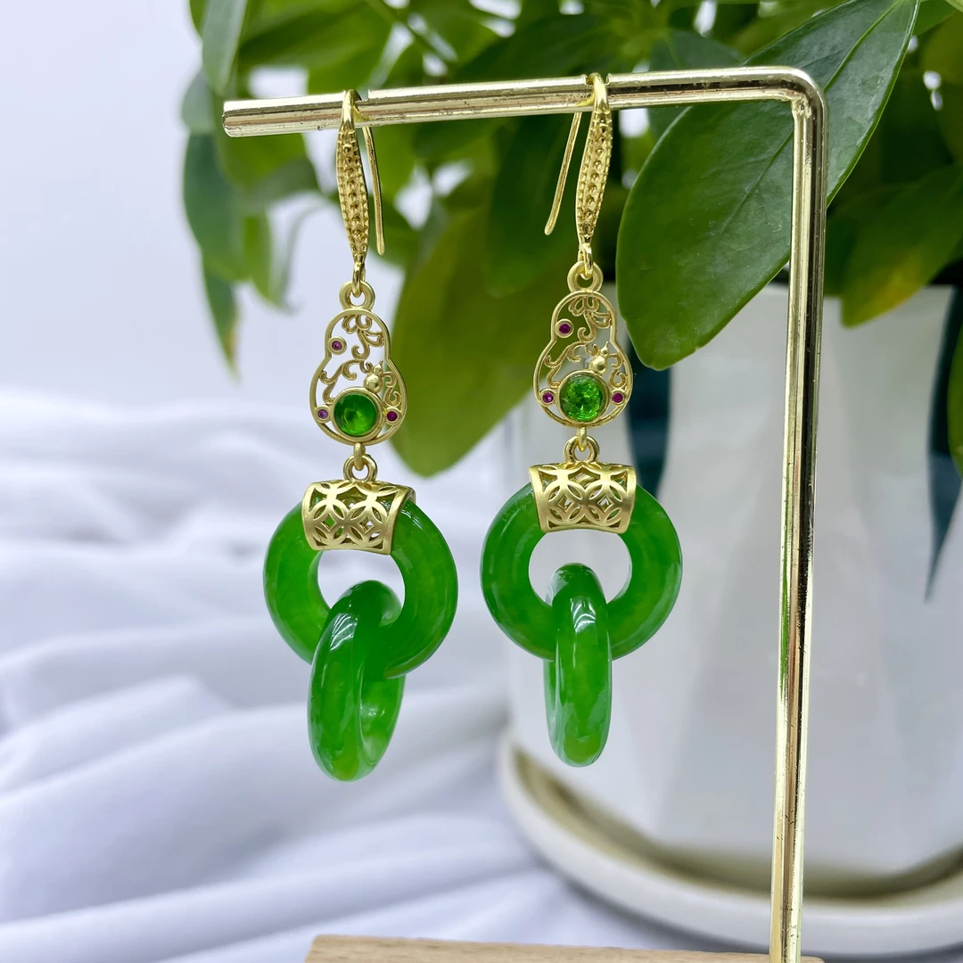 合金耳饰 绿色环环相扣女款保色防过敏耳坠民族风耳环时尚个性5