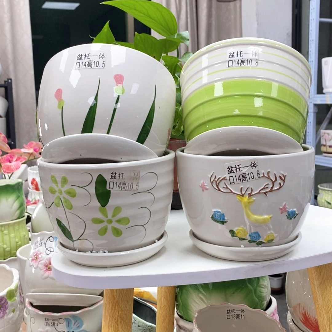 @陶瓷花盆@@四个手绘