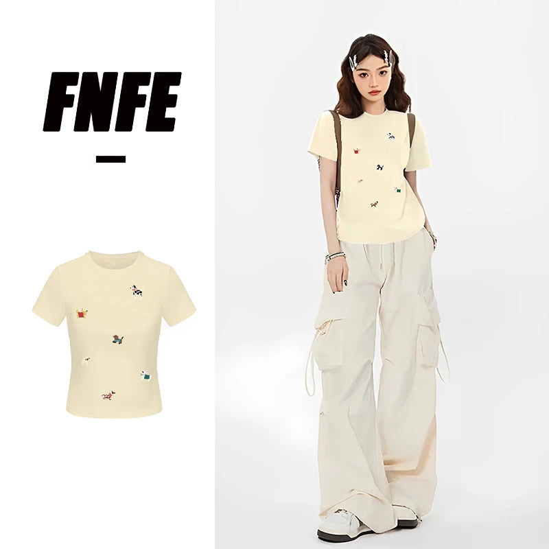 FNFE美式卡通穿搭印花显瘦辣妹风正肩短款修身短袖T恤女新款夏季
