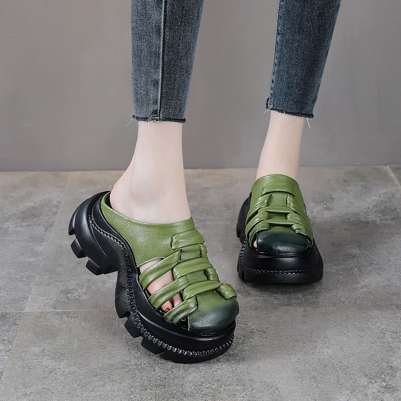 夏季新款头层牛皮外穿拖鞋复古包头拖鞋厚底真皮镂空高跟女鞋半拖