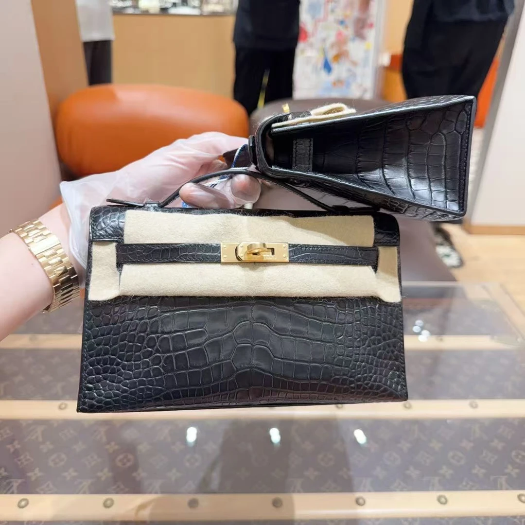 未使用 Hermes/爱马仕 minikelly一代 黑金 雾面方块鳄鱼 U刻