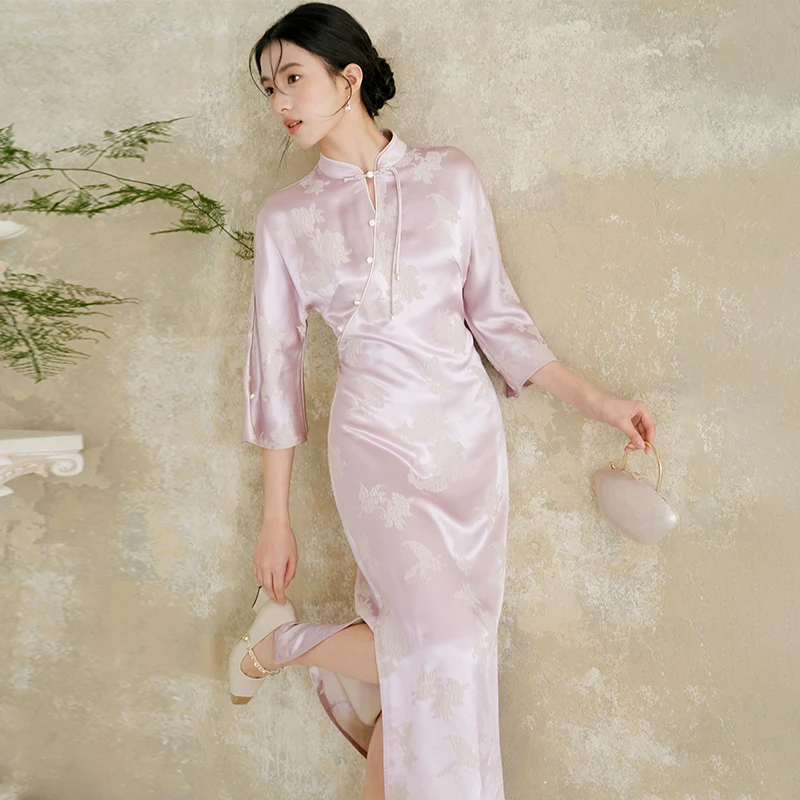 【初蝉衣事】冠乐绉真丝连衣裙新中式国风桑蚕丝紫色旗袍602047-DN