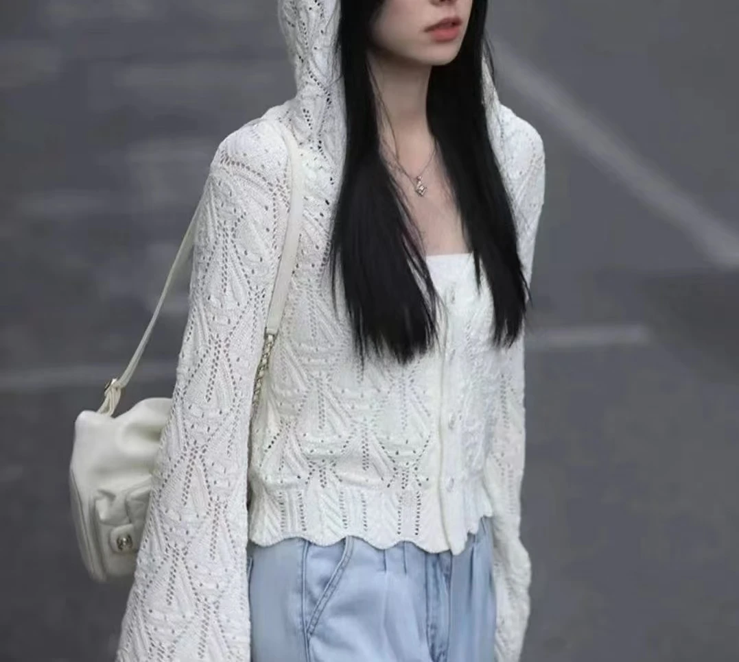 韩系薄款针织外套女夏季设计感连帽防晒开衫小众短款外搭罩衫上衣