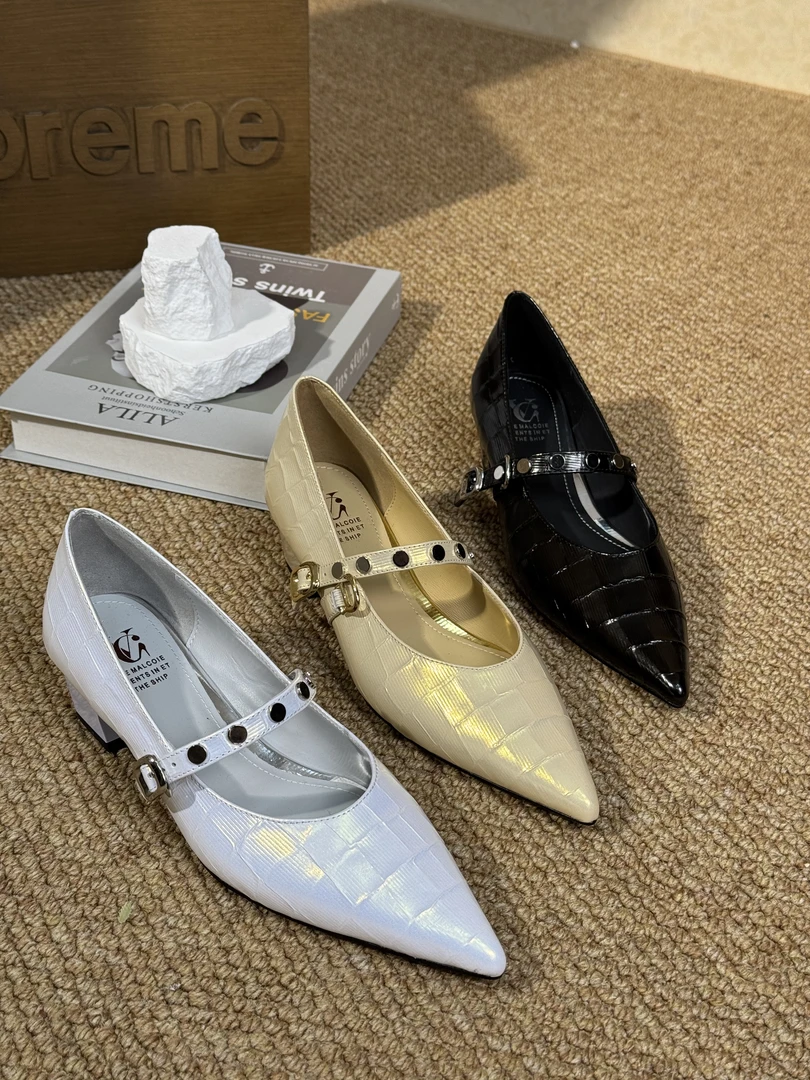 954【暗夜黑】春夏爆款女士洋气尖头低跟纯手工单鞋C【5CM】