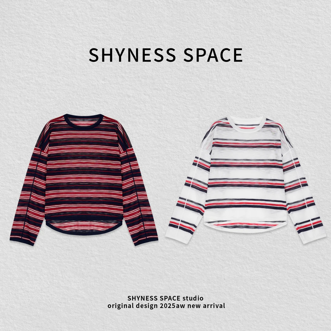 春夏季长袖条纹显瘦宽松长袖拼接拼色印花嘻哈风T恤HB474