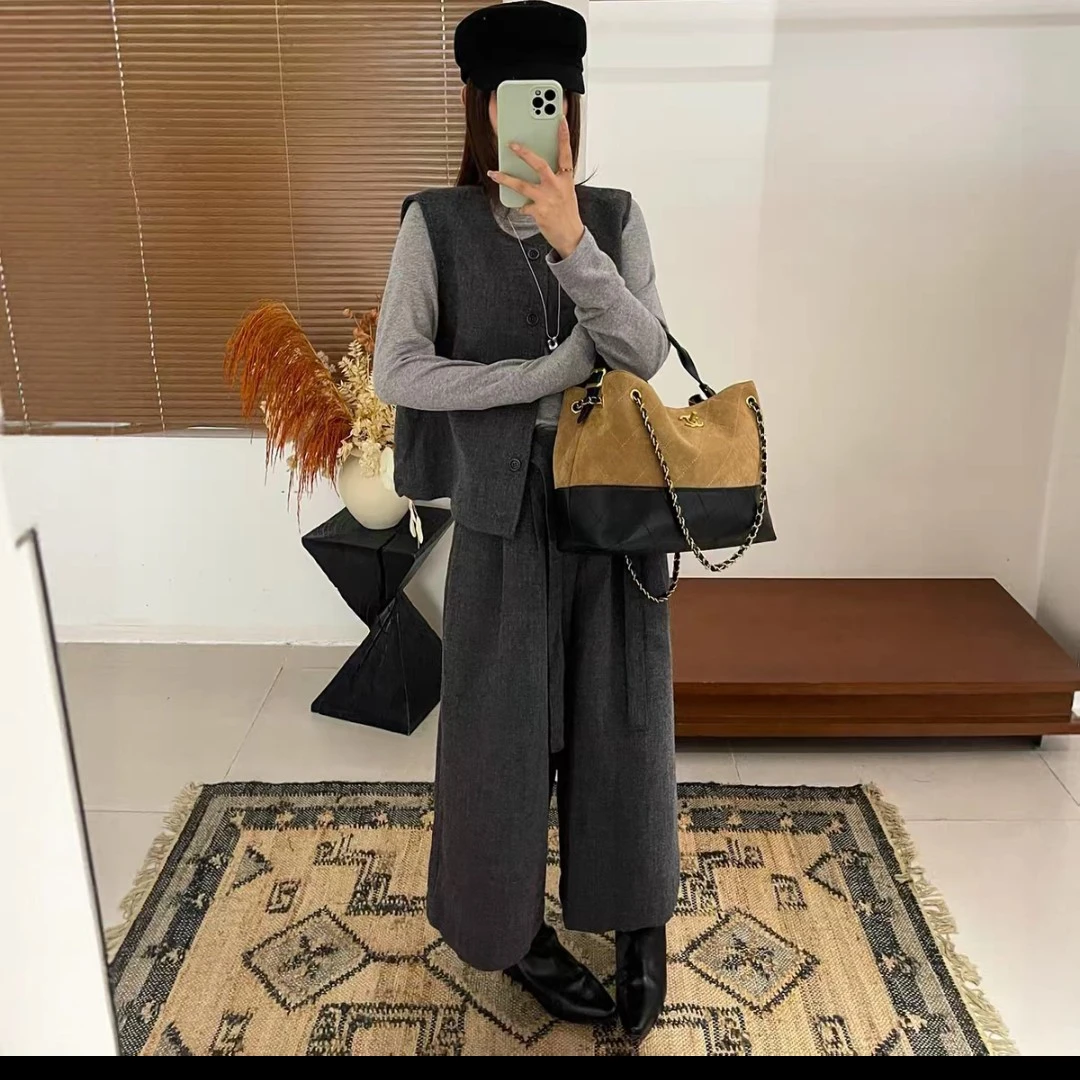 单排扣圆领马甲外套➕阔腿八分三件套