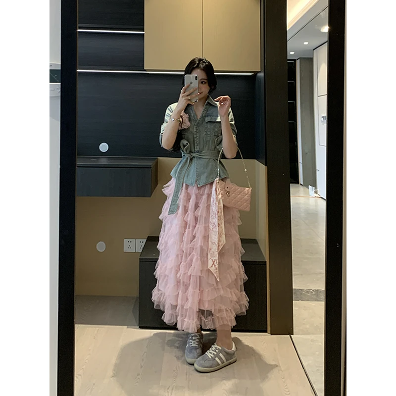 XINYI【浪漫时区】春季高腰网纱半身裙女显瘦蛋糕裙X625G01402