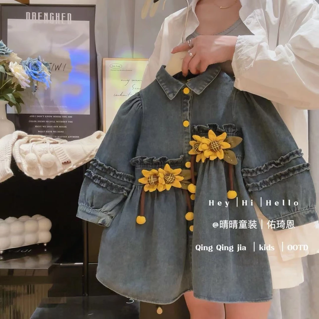 女童洋气韩系立体花朵甜美牛仔休闲连衣裙2025春季新款AQA189鱼