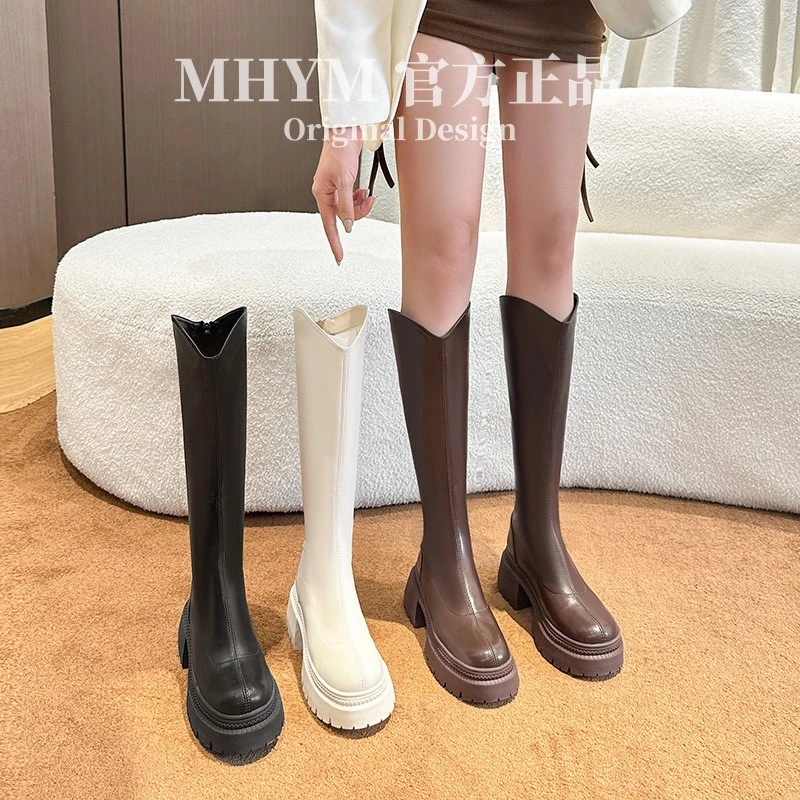 高筒靴女棕色厚底骑士靴女秋冬不过膝后拉链长筒靴显瘦气质长靴女