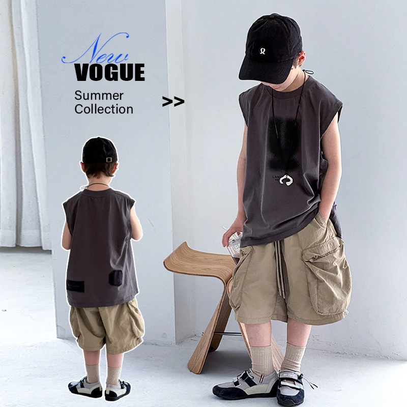 男童夏季无袖套装2025新款中大童宽松休闲两件套儿童痞帅篮球服潮