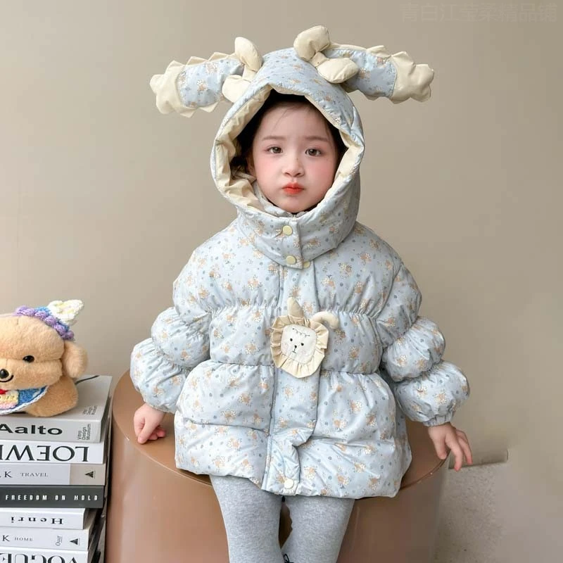 【新疆西藏包邮】韩版冬季可爱中长款加绒连帽碎花夹棉外套女宝棉