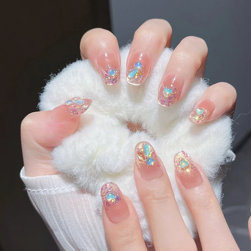 【缤纷童年】纯手工穿戴甲爆闪猫眼亮片水晶星星爱心粉嫩可爱少女心