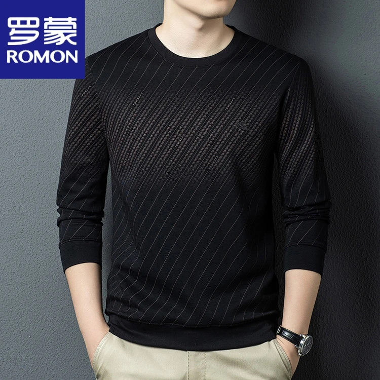 罗蒙莫代尔卫衣t恤长袖男圆领中年爸爸条纹打底小衫休闲宽松秋装