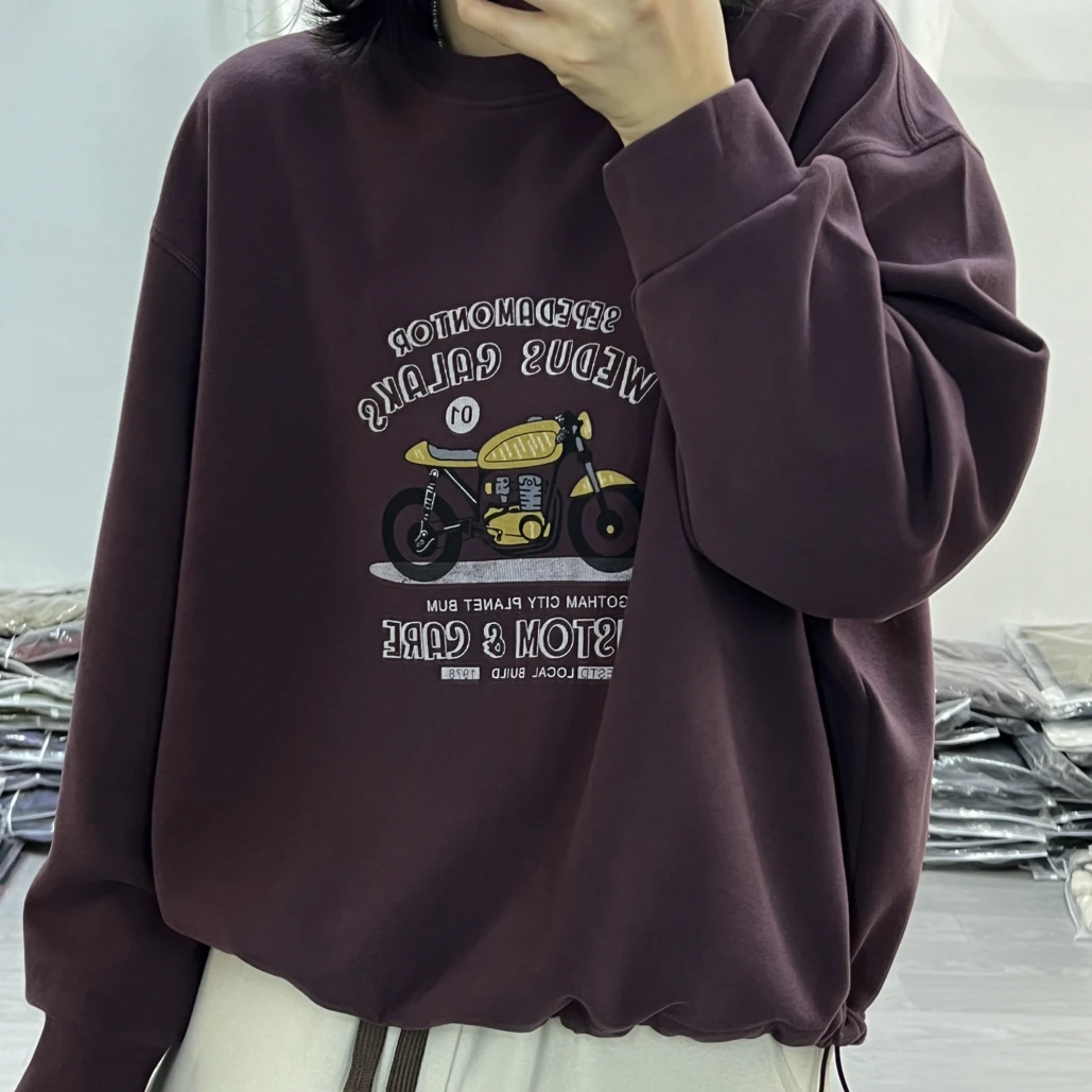 （摩托车）加绒复古圆领卫衣女新款汽车印花宽松百搭套头上衣
