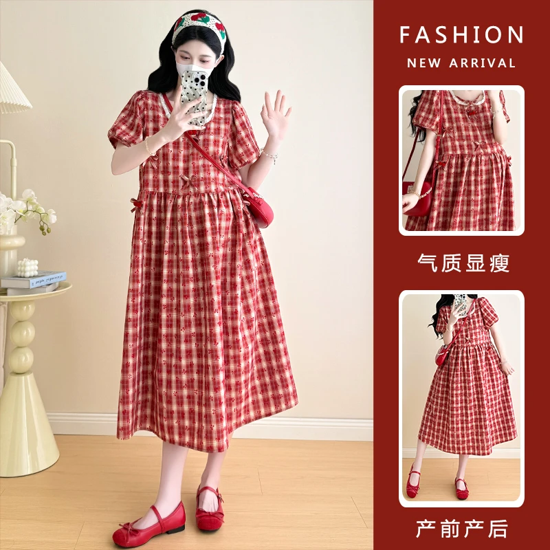 Y4010#5.27夏季重工小蝴蝶刺绣格子立体小樱桃孕妇显瘦连衣裙